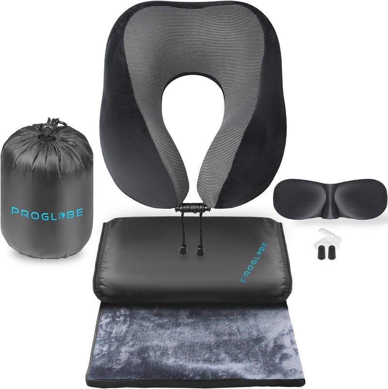 Proglobe Travel Blanket Luxury Travel Set - Ergonomic Airplane Neck Pillow 100% Pure Memory Foam and Super Soft Fleece Blanket - Premium 3D Sleep Mask & Earplugs - Ultimate 4-in-1 Traveling Kit Black - Image 1